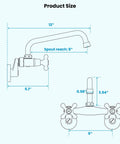 Diagram showing dimensions of wall mount kitchen faucet with double cross handles, brass construction, brushed nickel finish, six inch center hole, eight inch spout reach.
