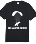 Black tee with white powered paragliding Saurus design, part of Powered Paragliding Saurus Paramotor Tee For Adults Heavyweight Durable T Shirt With Dino Design Soft Garment Dyed Solid Colors Or Tie Dye Lit Paraglider Gear For Adventure Seekers And Paragliding Fans.