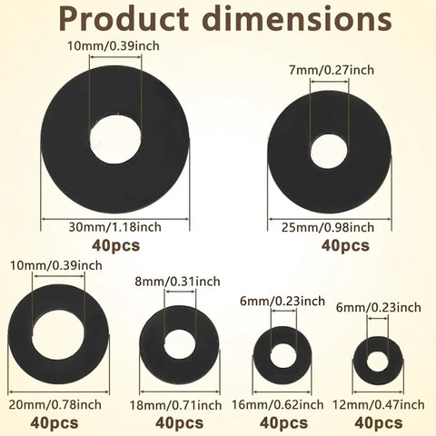 240 Piece Rubber Washers Set In 6 Sizes Black Sealing Gaskets For Plumbing And DIY Repairs Durable Heat Resistant Seals For Home Maintenance Projects Right Now. size chart, black rubber washers 12mm-30mm