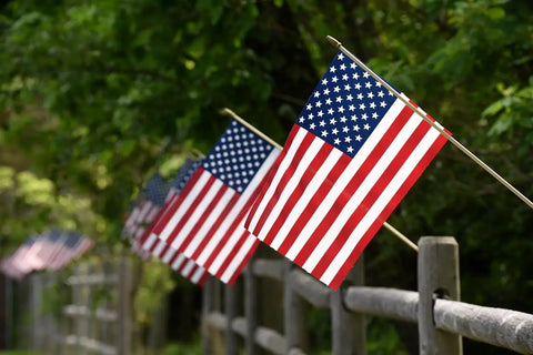 12 Pack 12x18 American Stick Flags With 30 Inch Wooden Poles And Gold Spear Tips Made In USA Ideal For Memorial Day Parades Veterans Day And Fourth Of July Use Red White And Blue Patriotic Display along a wooden fence in a garden setting.