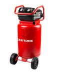 20 Gallon Oil Free Air Compressor With 1.8 HP Motor Pushing A Full 175 PSI Dual Quick Couplers in vivid red with wheels.