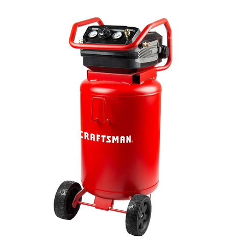 20 Gallon Oil Free Air Compressor With 1.8 HP Motor Pushing A Full 175 PSI Dual Quick Couplers in vivid red with wheels.