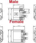 Qs8 Anti Spark High Current Connector Set schematic diagram with male and female socket measurements, 3 pair pack.