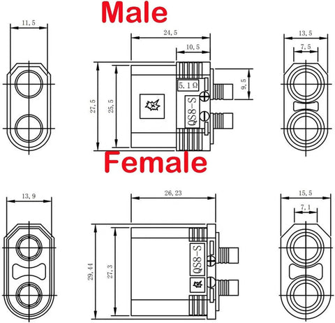 Qs8 Anti Spark High Current Connector Set schematic diagram with male and female socket measurements, 3 pair pack.