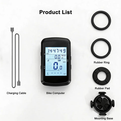 Product list showing GPS Cycling Computer With Wireless Ride Data, IPX7 Waterproof Bike Speedometer Odometer, 2.4 Inch LCD With Backlight
