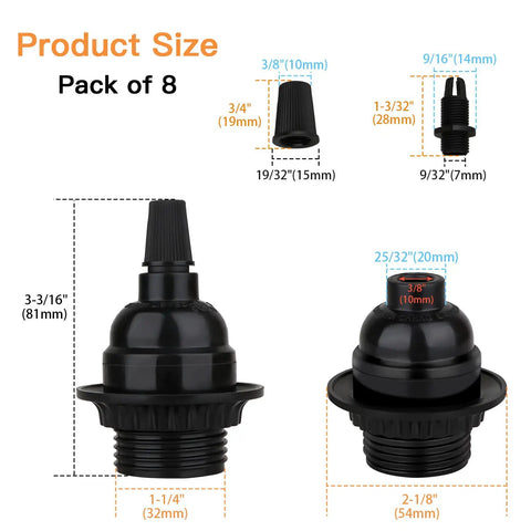 8 Pack E26 E27 Light Sockets In Black With Medium Screw Base And Shade Ring, Retro Edison Style Lamp Holders For DIY Pendant Lighting, Keyless Socket Covers, Replacement Parts For Craft Projects And Home Decor