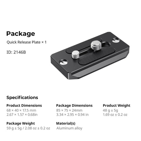 Quick Release Plate For Arca Swiss Standard With Quarter And Eighths Inch Screws Smooth Swap Quick Change Base, aluminum, 68x40mm, for DSLR, mirrorless.