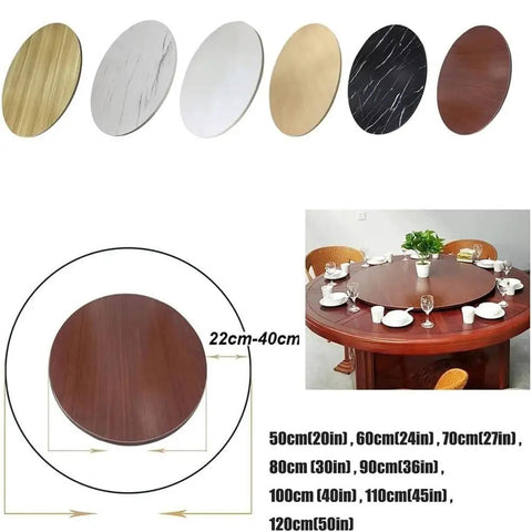 Round Wooden Lazy Susan 80cm Rotating Serving Tray For Dining Table And Kitchen with six color options and size chart.