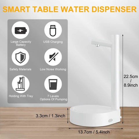 Intelligent Desktop Barrel Water Dispenser Pump showing dimensions and features like USB charging and low noise working.