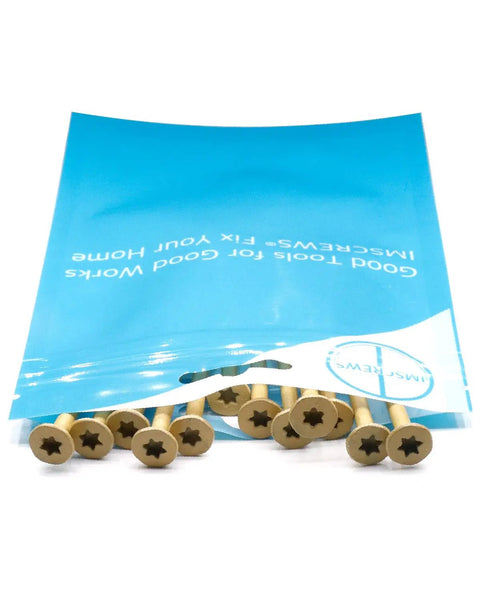 Heavy Duty Deck Screws And Exterior Wood Fasteners For Pressure Treated Lumber Boasting Badass Tan Coating Resistance And Star Drive Tip Self Tapping Design in a 25-piece set in packaging.