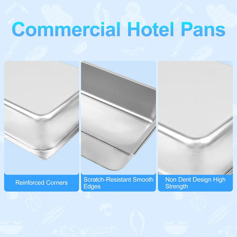 Close-up of 6 Pack Hotel Pans 1 By 1 Size 4 Inch Deep Stainless Steel Trays showing reinforced corners and smooth edges.