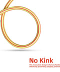 Front view of a coiled yellow garden hose with red stripes; 5/8 in diameter, 4 ft length, no-kink design