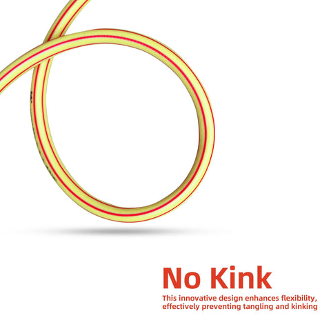 Front view of a coiled yellow garden hose with red stripes; 5/8 in diameter, 4 ft length, no-kink design