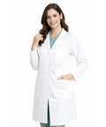 Med Pros Unisex Lab Coat With Belted Back 40 Inch White XL Lapel Collar Front Button Closure 1 Chest Pocket 2 Lower Pockets