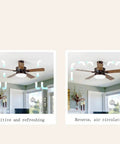 Top Shelf Nordic Wood Ceiling Fan Chandelier With Remote Control showing airflow direction diagrams for cooling and circulation.