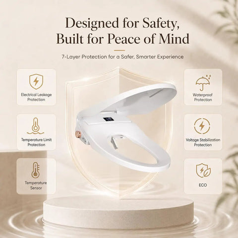 Elongated Electric Bidet Toilet Seat With Instant Tankless Warm Water Spray Auto Air Dryer And No Sweat Easy Install showcased with safety features