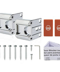 Home Door Lock Security 2 Pack Reinforcement Lock for Inward Swinging Doors Upgraded Zinc Alloy One Piece Latch Kick Proof Childproof Safe Locking System Extra Defense Against Break Ins shown with screws and installation guide.