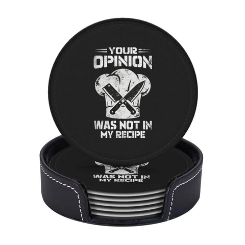 Leather Coaster Set With Holder 6-Piece Absorbent PU Leather Drink Coasters for Home Bar with humorous text design visible
