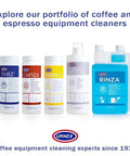 Urnex cleaning products lineup for coffee and espresso equipment, featuring tablets and liquids in various sizes.