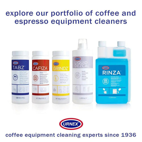 Urnex cleaning products lineup for coffee and espresso equipment, featuring tablets and liquids in various sizes.