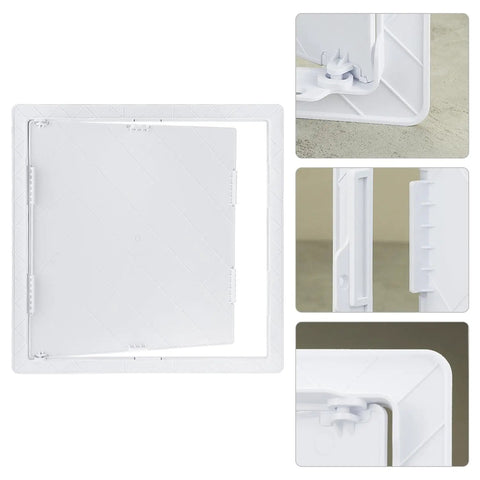 Heavy Duty 16 X 16 Inch Access Panel For Drywall With Rock Solid ABS Plastic Build And Clean White Cover shown from multiple angles.