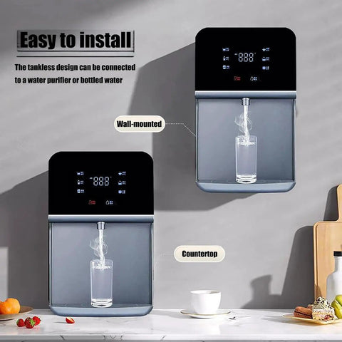 Wall Mounted Water Cooler With Child Lock, Instant Hot Water Dispenser, LED Smart Panel shown in wall-mounted and countertop options.