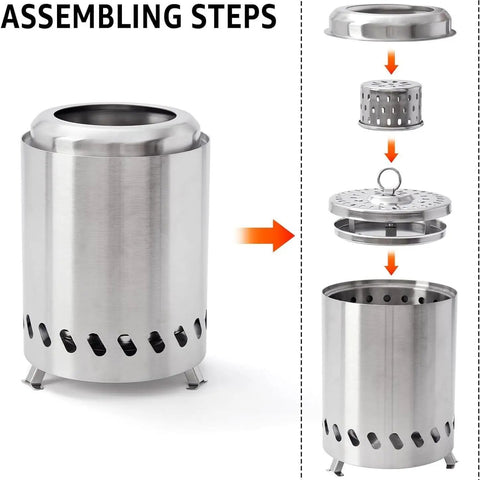 Assembly steps for Smokeless Tabletop Fire Pit For Outdoor Use, Portable Mini Fire Pit Stove with stainless steel parts.