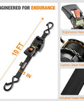 Heavy Duty Self Retracting Tie Down Straps 4 Pack No Drama Auto Retract System With Tangle Free Webbing 1 Inch By 10 Feet showing ergonomic handle and carbon steel ratchet.
