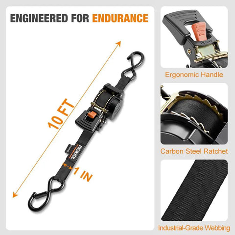 Heavy Duty Self Retracting Tie Down Straps 4 Pack No Drama Auto Retract System With Tangle Free Webbing 1 Inch By 10 Feet showing ergonomic handle and carbon steel ratchet.