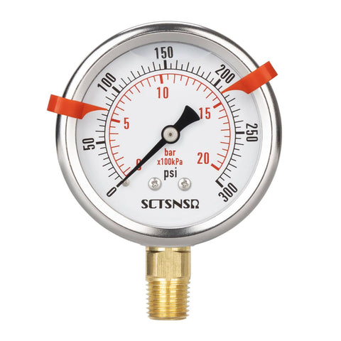 Liquid Filled Pressure Gauge 0 To 300 Psi, Two And A Half Inch Dial, One Quarter Inch NPT Lower Mount, Stainless Steel Case
