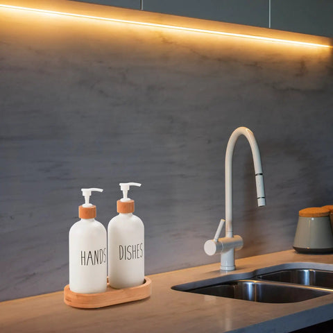 Wooden Dish Soap Dispenser Set With Thick One Inch Tray And Non Slip Base For Modern Boho Farmhouse Kitchen Countertop Decor White Finish