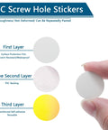 Close-up of 280 White Self-Adhesive Screw Hole Stickers showing structure with three layers: surface protection, PVC backing, and adhesive.