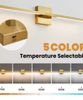 Gold 30 Inch Rotatable Modern Vanity Light With 5CCT LED showcasing temperature options and waterproof design
