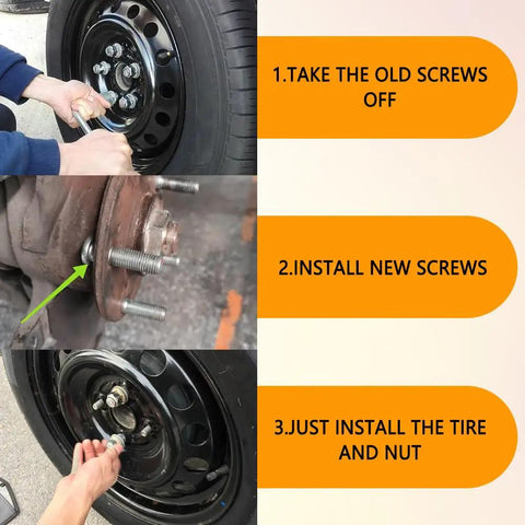 Installation steps for Straight Up Heavy Duty 5 Pack Car Wheel Studs And Steel Lug Bolts 44 Mm Long on a vehicle wheel.