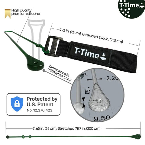 Golf Tee Anchor Leash And Tether Keeps Tees In Place For Driving Range And Simulator Practice with dimensions and features shown