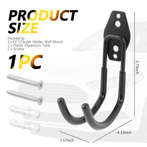 Heavy Duty EV Charger Holder Wall Mount With Non Slip J Hook, 66 Pound EV Cable Organizer Rack size 5.7x4.3 inches, screws included.
