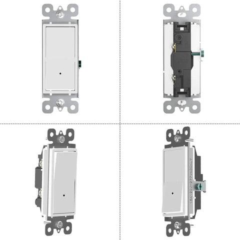 Front and side views of Two Pack Illuminated Light Switch With LED Night Light Paddle Rocker Wall Switch Automatic On Off Sensor.