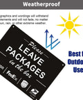 Please Leave Packages In The Box Sign Ten By Seven Inches Aluminum Rust Free 40 Mil UV Printed Reflective Outdoor Sign Easy Mount No Fading Weatherproof For Busy Homes And Apartments No Fuss Delivery Reminder That Keeps Packages Safe. angled black aluminum package sign with weatherproof outdoor use text