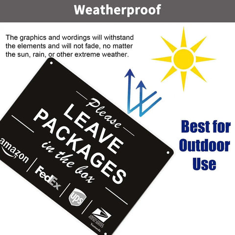 Please Leave Packages In The Box Sign Ten By Seven Inches Aluminum Rust Free 40 Mil UV Printed Reflective Outdoor Sign Easy Mount No Fading Weatherproof For Busy Homes And Apartments No Fuss Delivery Reminder That Keeps Packages Safe. angled black aluminum package sign with weatherproof outdoor use text