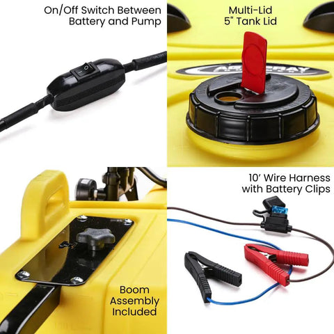 Heavy Duty 65 Gallon UTV Sprayer Tank With 12 Volt Pump And Spray Gun Roto Molded Polyethylene Construction For Farming Agriculture High Flow Spraying Without Boom Included with battery connections and multi-lid.