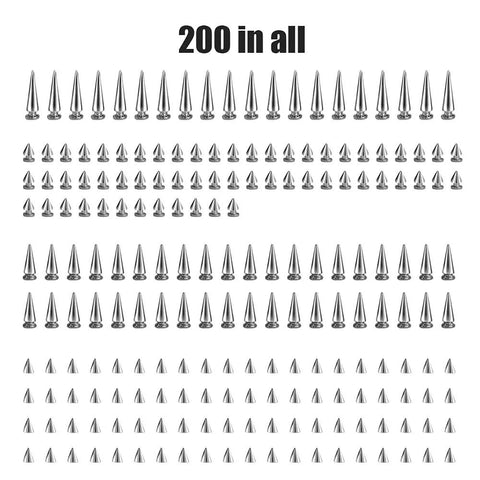 200 mixed sizes of Rock Hard Heavy Duty Silver Cone Spikes Screw Back Studs Punk Rock Bullet Rivets for customization.