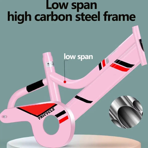 Three Wheel Cruiser Tricycle With Rear Passenger Seat And Backrest, showing pink high carbon steel frame structure