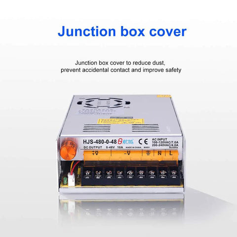 Front view of AC To DC Converter Power Supply 110 to 220V To 0 to 48V Adjustable DC Output Beefy 480W Peak 10A Module