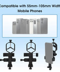 Universal Phone Adapter for Telescope and Spotting Scope With 3 Axis Adjustable Holder and Remote, showing phone compatibility