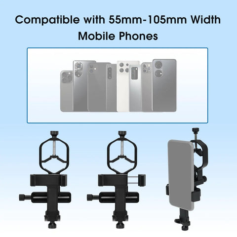 Universal Phone Adapter for Telescope and Spotting Scope With 3 Axis Adjustable Holder and Remote, showing phone compatibility