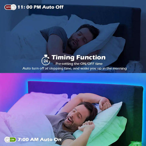 Man sleeping with 100Ft RGB LED Strip Lights With Music Sync, showing timing function feature for auto on and off.