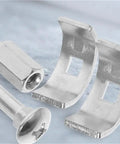 Close-up of Galvanized Steel Countertop Joiner Connectors Kit Of 10 For Benchtop And Furniture Drawbolt Style Fasteners With Standard Threads
