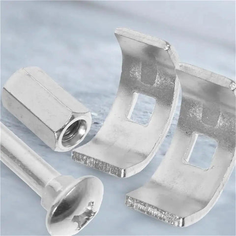Close-up of Galvanized Steel Countertop Joiner Connectors Kit Of 10 For Benchtop And Furniture Drawbolt Style Fasteners With Standard Threads