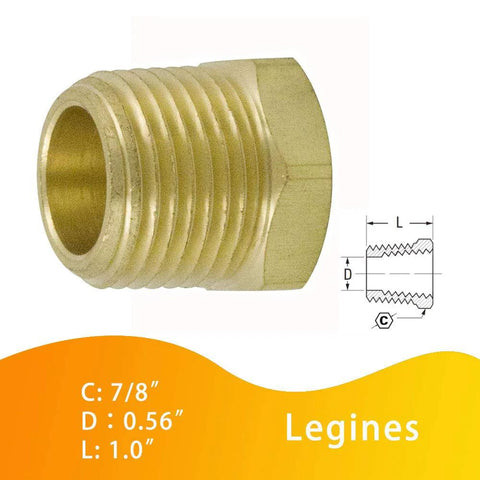 Brass pipe fitting hex bushing, 1/2" NPT male to 3/8" NPT female adapter, side view