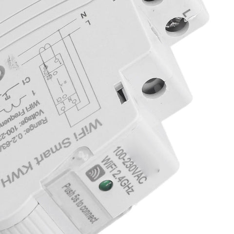 Smart Energy Meter App Tracking Real Time Kwh Voltage Current for Heavy Home Gear, detail of white compact device showing electrical connections.